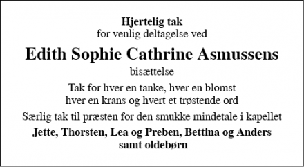 Dødsannoncen for Edith Sophie Cathrine Asmussens - Tønder