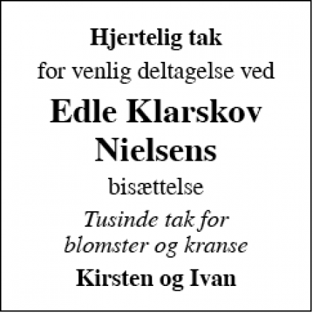 Dødsannoncen for Edle Klarskov Nielsen - Kr. Hyllinge