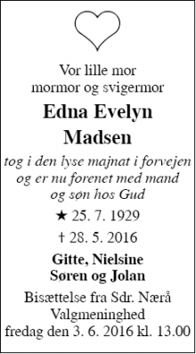 Dødsannoncen for Edna Evelyn Madsen - Sdr.Nærå