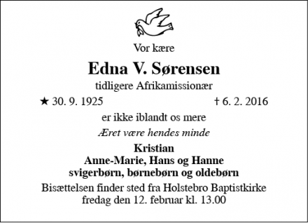 Dødsannoncen for Edna V. Sørensen - Holstebro