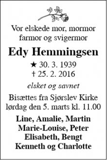 Dødsannoncen for Edy Hemmingsen - Sjørslev