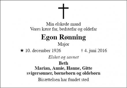 Dødsannoncen for Egon Rønning - Tange bjerringbro