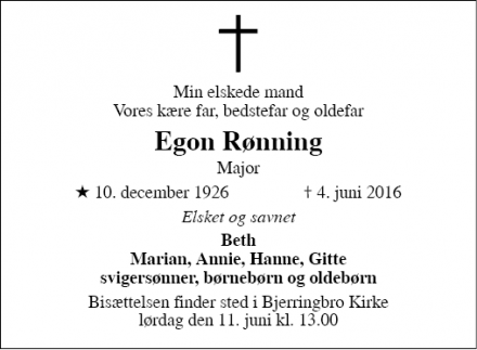 Dødsannoncen for Egon Rønning - Tange bjerringbro