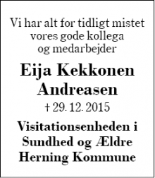 Dødsannoncen for Eija Kekkonen Andreasen - Herning