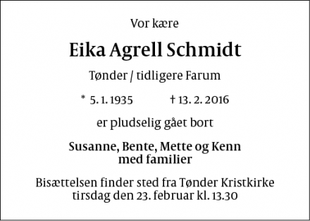 Dødsannoncen for Eika Agrell Schmidt - Tønder