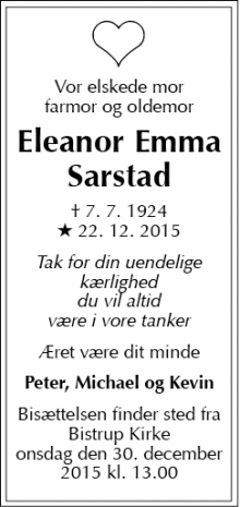 Dødsannoncen for Eleanor Emma Sarstad  - 3460 Birkerød