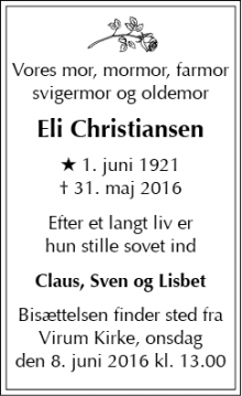 Dødsannoncen for Eli Christiansen - Virum