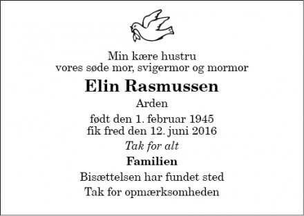 Dødsannoncen for Elin Rasmussen - Arden