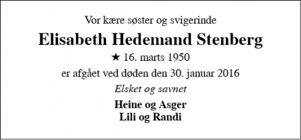 Dødsannoncen for Elisabeth Hedemand Stenberg - Nyhuse ved 5610 Assen