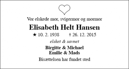 Dødsannoncen for Elisabeth Helt Hansen - Nykøbing Falster