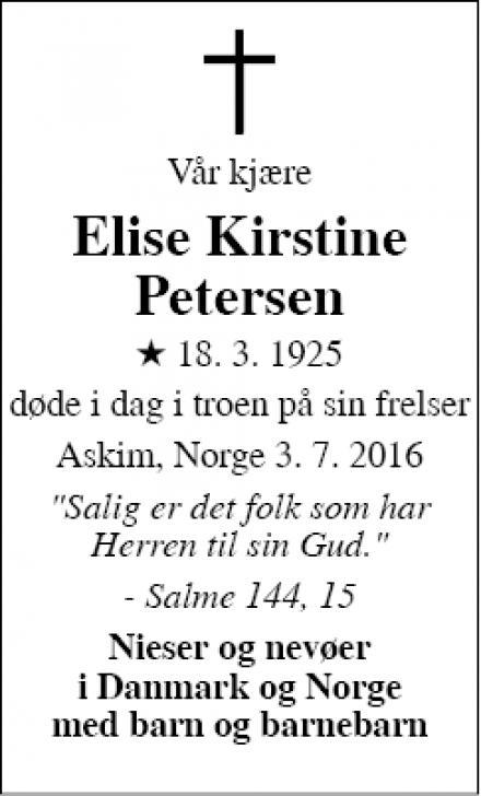 Dødsannoncen for Elise Kirstine Petersen - Askim, Norge