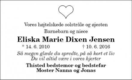 Dødsannoncen for Eliska Marie Dixen Jensen - Thisted