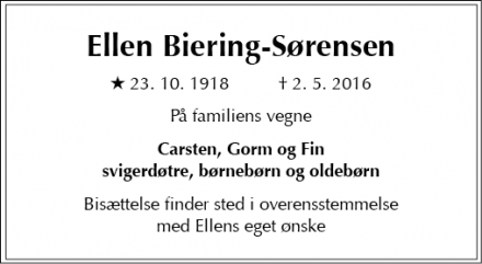 Dødsannoncen for Ellen Biering-Sørensen - København Ø