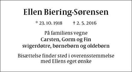 Dødsannoncen for Ellen Biering-Sørensen - København Ø