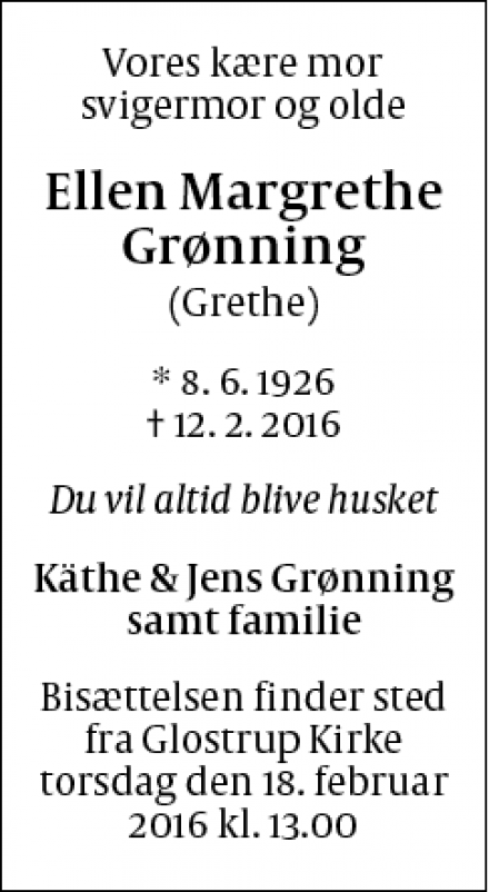 Dødsannoncen for Ellen Margrethe Grønning - Glostrup