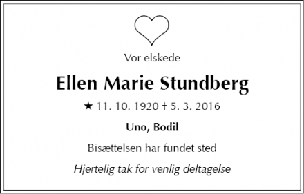 Dødsannoncen for Ellen Marie Stundberg - 2700 Brønshøj