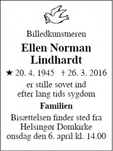 Dødsannoncen for Ellen Norman Lindhardt - Helsingør