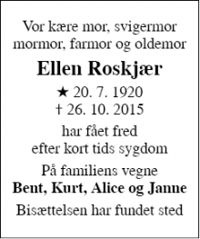 Dødsannoncen for Ellen Roskjær - Helsingør