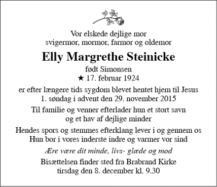 Dødsannoncen for Elly Margrethe Steinicke - Ebeltoft