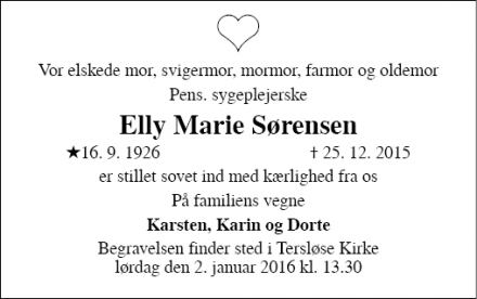 Dødsannoncen for Elly Marie Sørensen - Dianalund