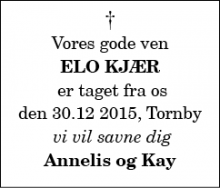 Dødsannoncen for Elo Kjær - Tornby 9850 Hirtshals