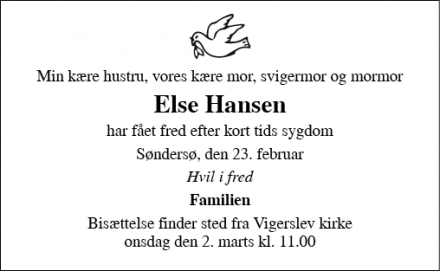 Dødsannoncen for Else Hansen - Søndersø
