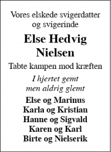 Dødsannoncen for Else Hedvig Nielsen - Esbjerg N.