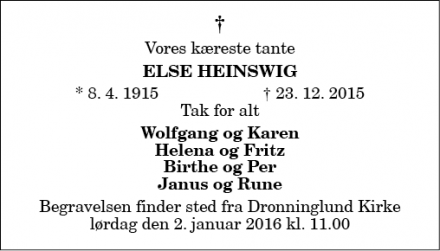 Dødsannoncen for Else Heinswig - Dronninglund
