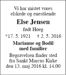 Dødsannoncen for Else Jensen - Frederiksberg