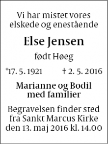 Dødsannoncen for Else Jensen - Frederiksberg