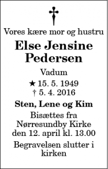 Dødsannoncen for Else Jensine Pedersen - Vadum