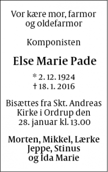 Dødsannoncen for Else Marie Pade - Gentofte