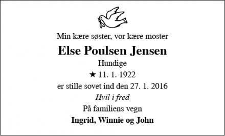 Dødsannoncen for Else Poulsen Jensen - Hundige