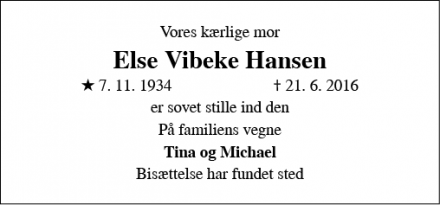 Dødsannoncen for Else Vibeke Hansen - Haderslev