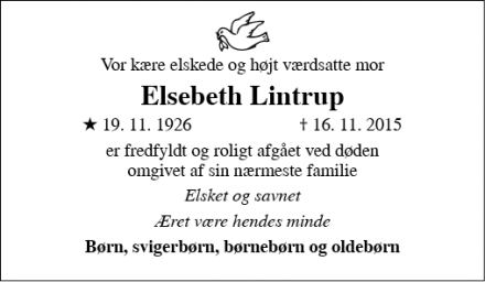 Dødsannoncen for Elsebeth Lintrup - Aarhus