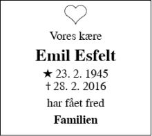 Dødsannoncen for Emil Esfelt - Horsens