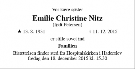 Dødsannoncen for Emilie Christine Nitz - Haderslev