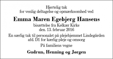 Dødsannoncen for Emma Maren Egebjerg Hansen - Kølkær