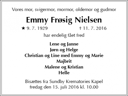 Dødsannoncen for Emmy Frøsig Nielsen - Dragør