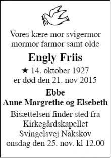 Dødsannoncen for Engly Friis - Nakskov