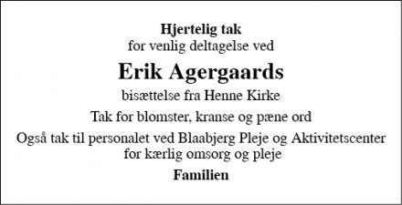 Dødsannoncen for Erik Agergaard - Henne