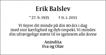 Dødsannoncen for Erik Balslev - Politiken