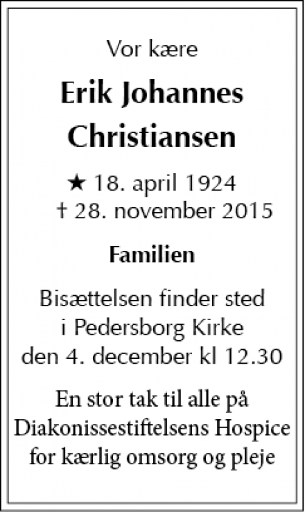 Dødsannoncen for Erik Johannes Christiansen - København K