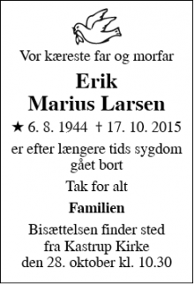 Dødsannoncen for Erik Marius Larsen - Kastrup