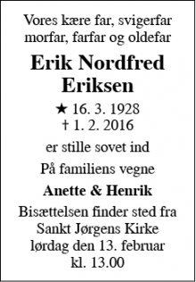 Dødsannoncen for Erik Nordfred Eriksen - Åbenrå