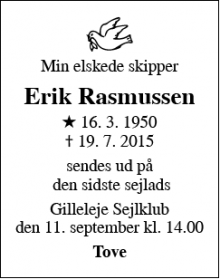 Dødsannoncen for Erik Rasmussen - Rågeleje