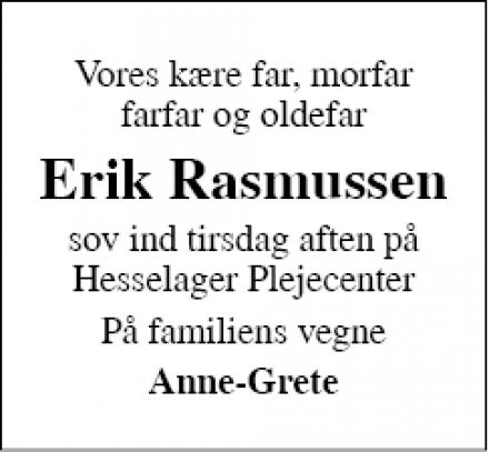 Dødsannoncen for Erik Rasmussen - Hesselager