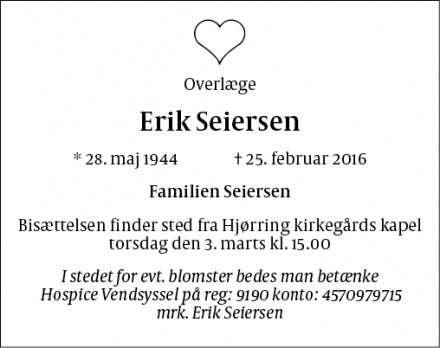 Dødsannoncen for Erik Seiersen - Hjørring