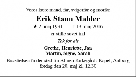 Dødsannoncen for Erik Staun Mahler - Vaarst