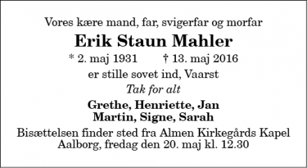 Dødsannoncen for Erik Staun Mahler - Vaarst